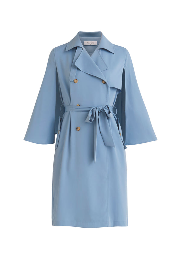 Paisie Cape Sleeve Trench Coat in Light Blue Cut Out